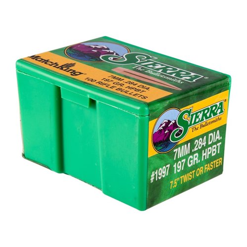 Los proyectiles MatchKing® 7mm (0.284") de 197GR con diseño de hollow point boat tail ofrecen un rendimiento balístico superior para competiciones de rifle.