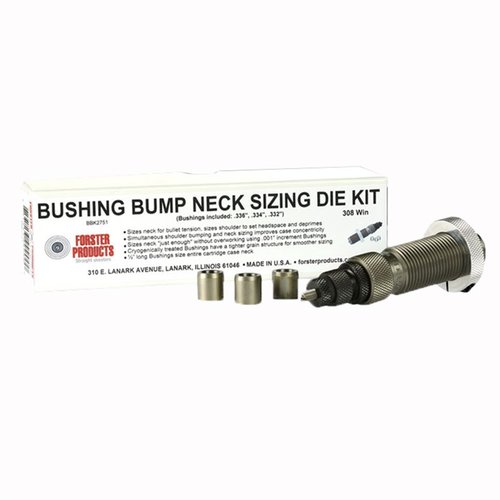 Con los kits de Forster Bushing Bump Neck Die, tú puedes controlar la tensión en los cuellos de tus cartuchos, incluyendo un die pulido a mano y tres bushings seleccionados.