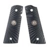 Las empuñaduras 1911 G10 de Wilson Combat son resistentes, tienen diseño starburst, son negras, y cuentan con corte para seguridad ambidiestra y liberación de cargador.
