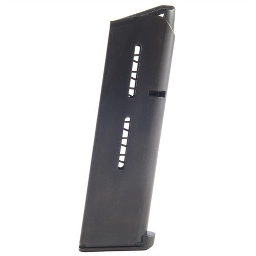 El legendario cargador 47D es el más popular para 1911, con capacidad de 8 rondas .45 ACP y acabado en acero inoxidable o negro con Fluoropolímero.