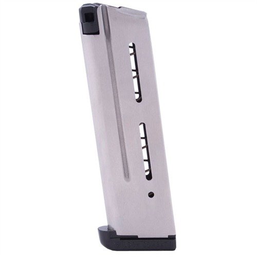 El cargador Wilson Combat de 9 rondas para 1911 en 10mm ofrece acero inoxidable 17-7, alimentación confiable y limpieza fácil con base pad removible.